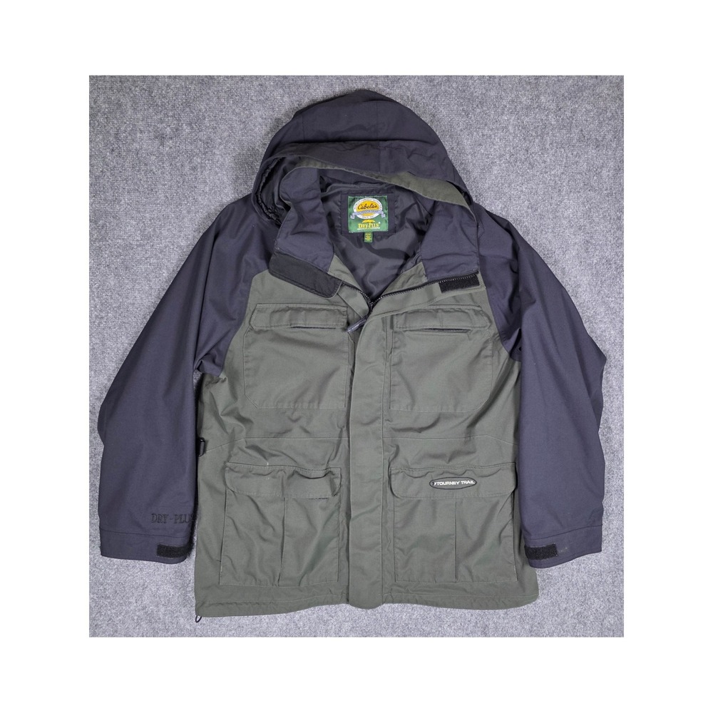 Cabelas Dry-Plus Tourney Trail Jacket Mens XL Green Navy Hooded Parka 981383